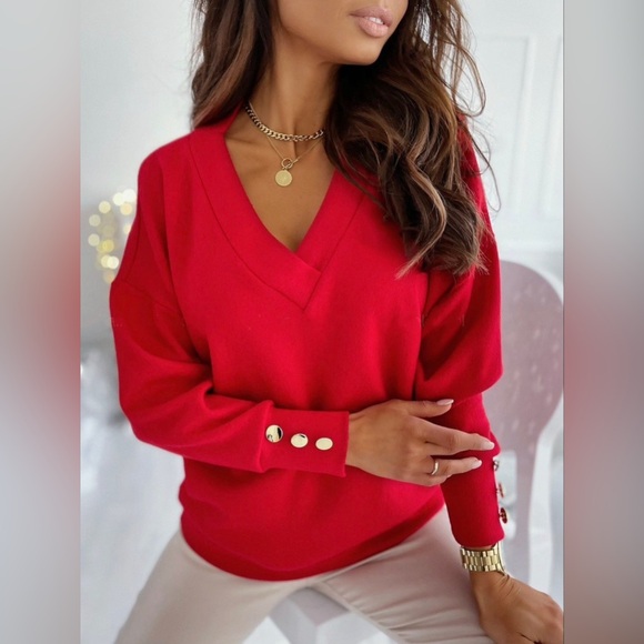 V-Neck Long Sleeve Sweatshirt red - Picture 2 of 11